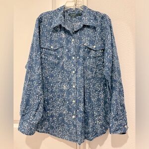 Lauren Ralph Lauren Button Down Blouse, Blue Floral, Size XL, Lightweight Cotton